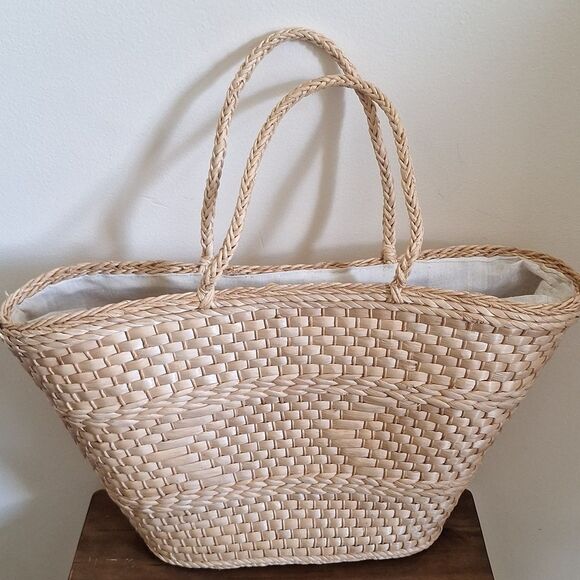 Vintage Woven Straw Tote Beige Wicker Market Shoulder Bag Lined - Picture 1 of 13